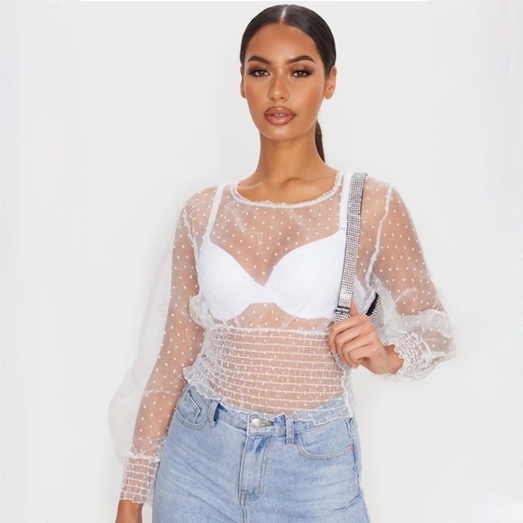 EUC [Princess Polly] Ivory Long Sleeve + Sheer Blouse | Cream Polka Dot Top | 8 - Picture 10 of 11